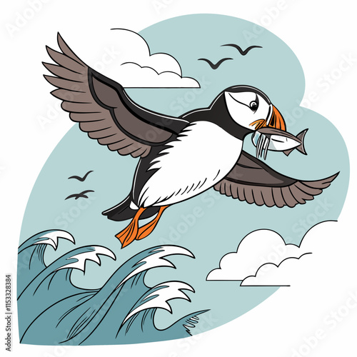 A puffin soaring to its nest with fish in its beak, feeding its hungry chicks