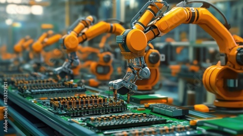 Automated PCB assembly line in an electronics factory, with high-precision robot arms assembling circuit boards for quality control in the production process.