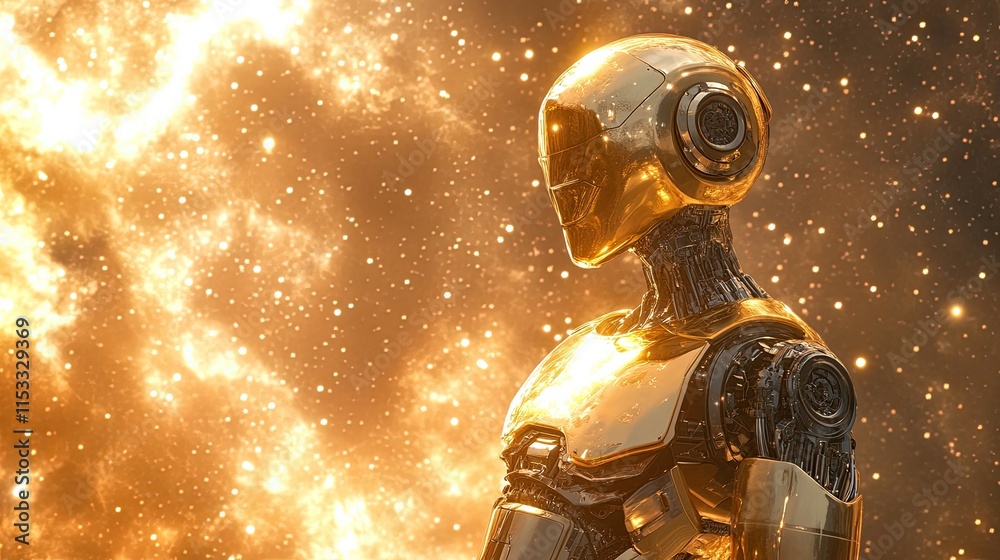 Fototapeta premium A futuristic golden robot stands against a bright, light-filled, cosmic background