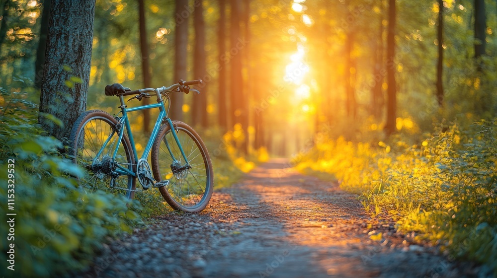Fototapeta premium A serene forest path with a bicycle, illuminated by warm sunlight during sunset.