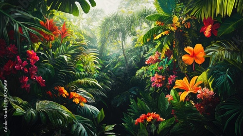 Exotic jungle filled with vibrant flowers and plants, their rich colors popping against the lush green backdrop of the tropical forest.