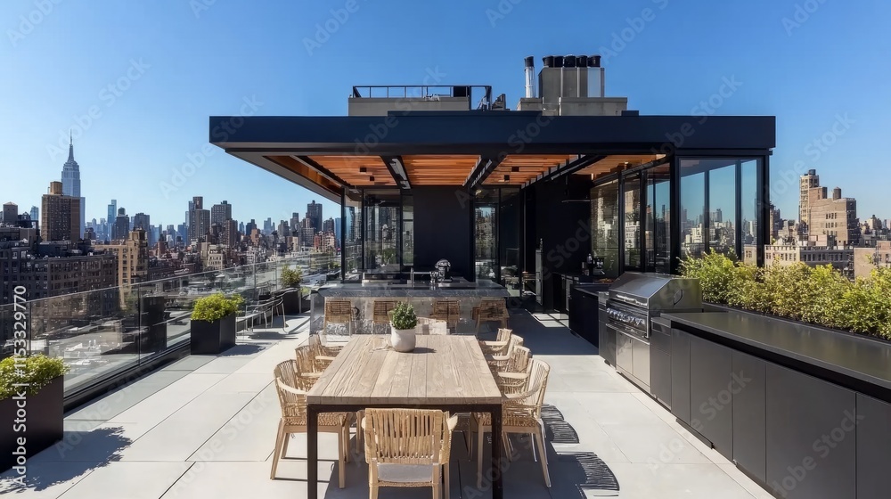 A modern rooftop terrace with a large dining area, a bar-style outdoor kitchen, and breathtaking city views under a clear blue sky A modern rooftop terrace with a large dining area, a bar-style outdoor kitchen, and breathtaking city views under a clear blue sky