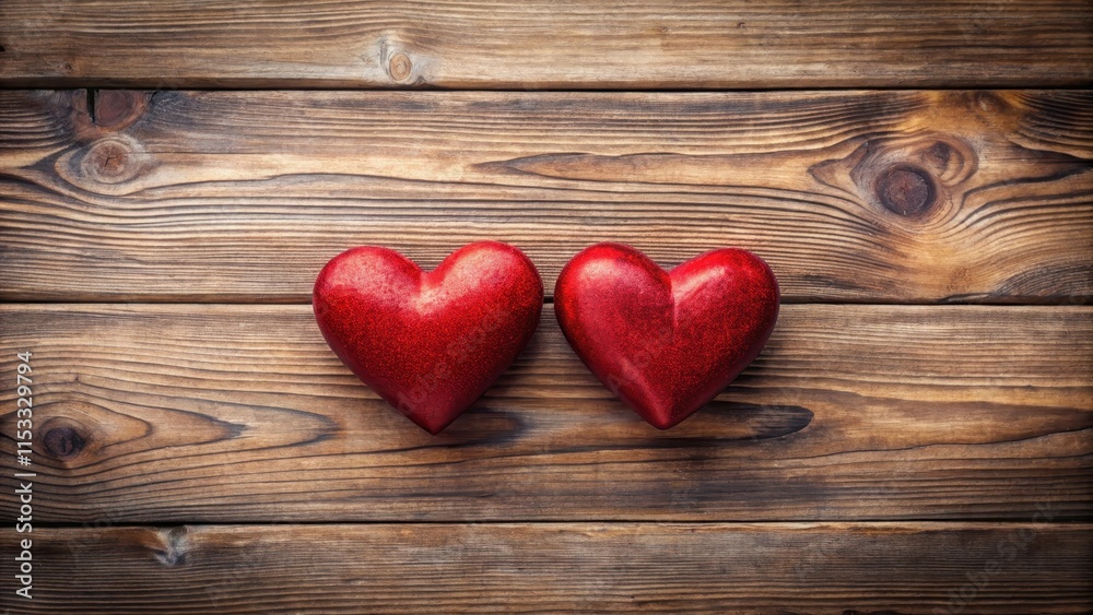A pair of red hearts placed symmetrically on a wooden surface with subtle grain texture, creating an intimate atmosphere, A pair of red hearts placed symmetrically on a wooden surface with subtle grain texture, creating an intimate atmosphere,