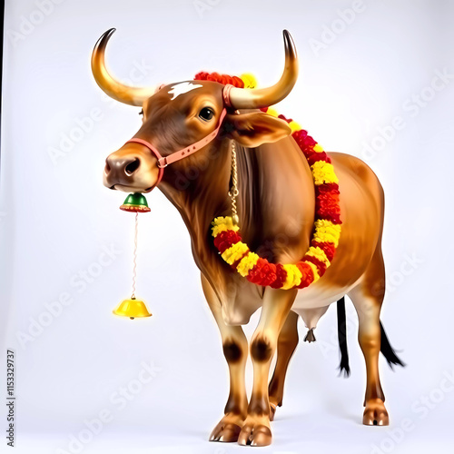 A Festive Sankranti Bull: Adorned with Flowers, Bells, and Traditional Decor