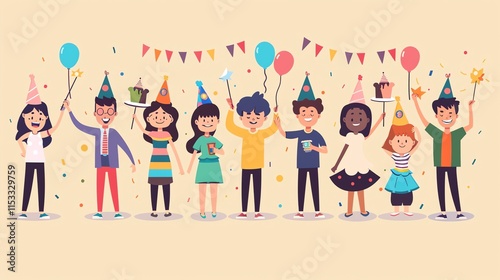 A group of people celebrate a birthday with balloons, confetti and cake.