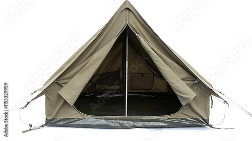 Olive green canvas A-frame tent open, showing interior floor and doorway.