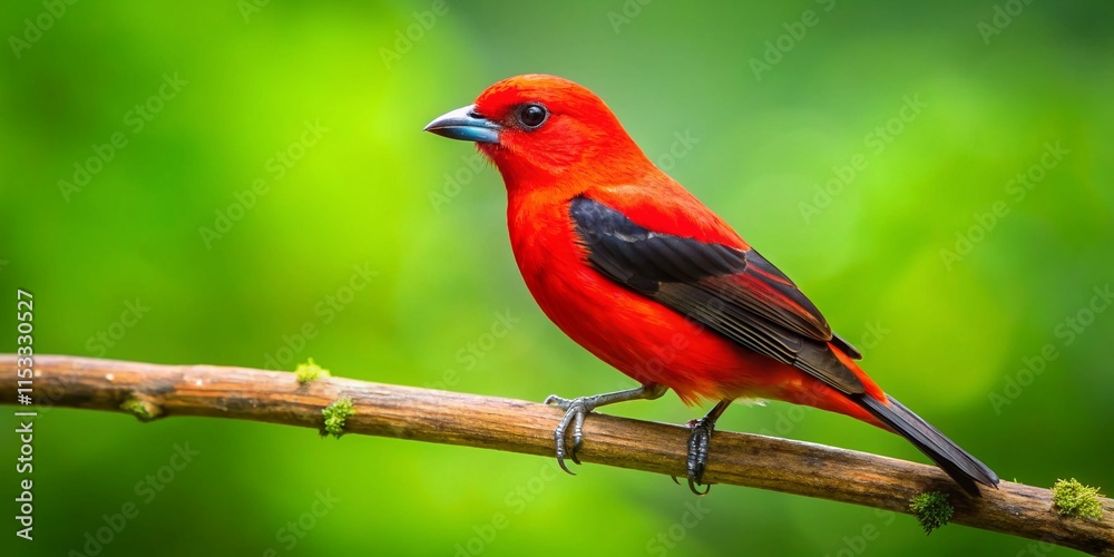 Scarlet Tanager Bird Perched on Branch, Vibrant Red and Black Plumage, Copy Space Scarlet Tanager Bird Perched on Branch, Vibrant Red and Black Plumage, Copy Space