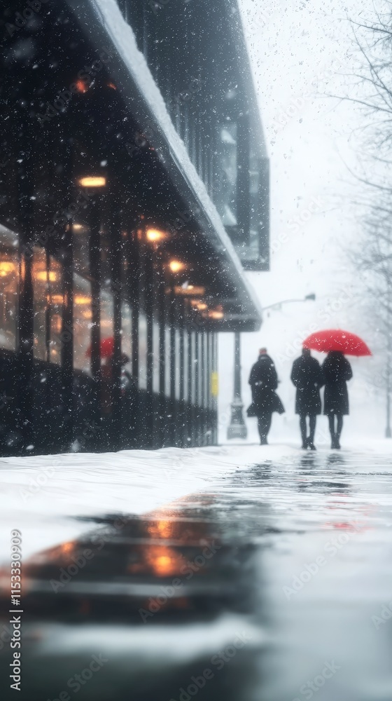 Obraz premium Winter City Snowstorm People Walking Snowy Sidewalk