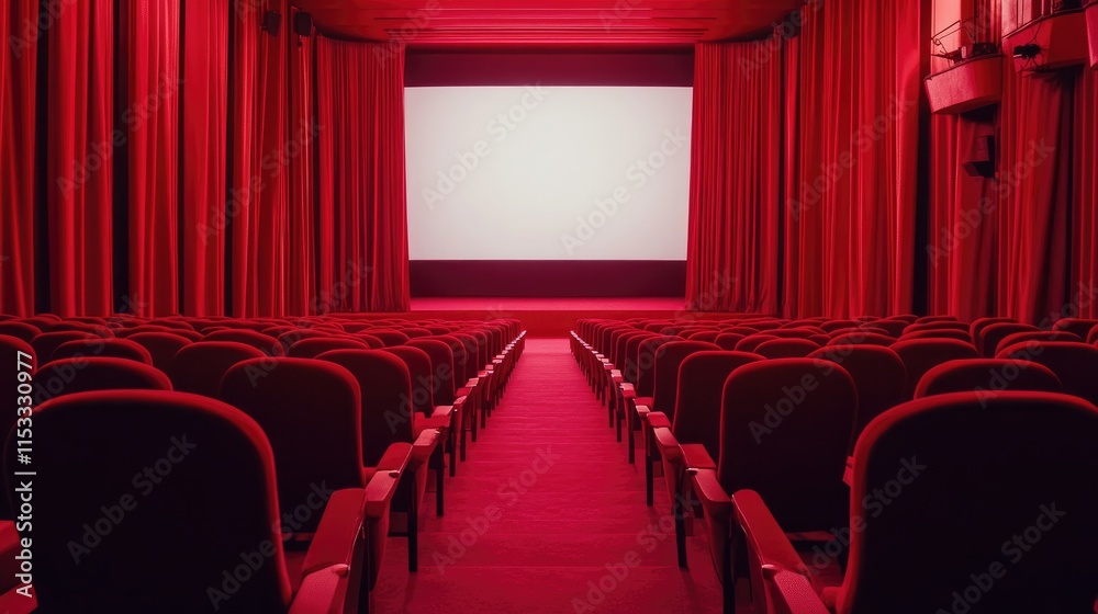 Fototapeta premium Red cinema seats facing a blank white screen, with deep red curtains framing the scene, creating a classic movie theater atmosphere.