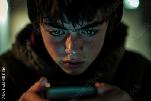 Close Up of Little Boy Focused on Smartphone photo