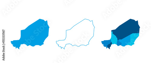 Niger set of three maps - solid map, outline map and map highlighting administrative divisions. Three distinct maps illustrate various representations of a geographical area.