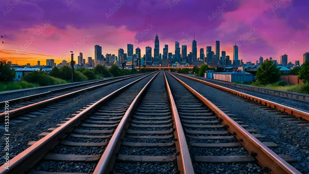 Railroad tracks leading to a vibrant city skyline at sunset seamless looping 4k time-lapse animation video background Railroad tracks leading to a vibrant city skyline at sunset seamless looping 4k time-lapse animation video background
