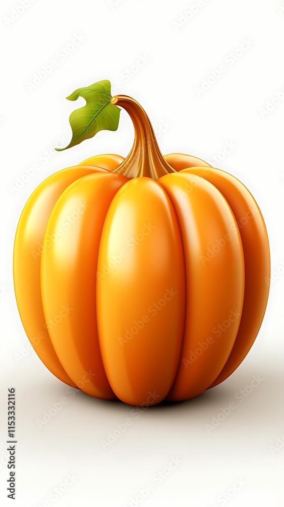 Obraz premium Single ripe orange pumpkin with green stem and leaf isolated on white background.