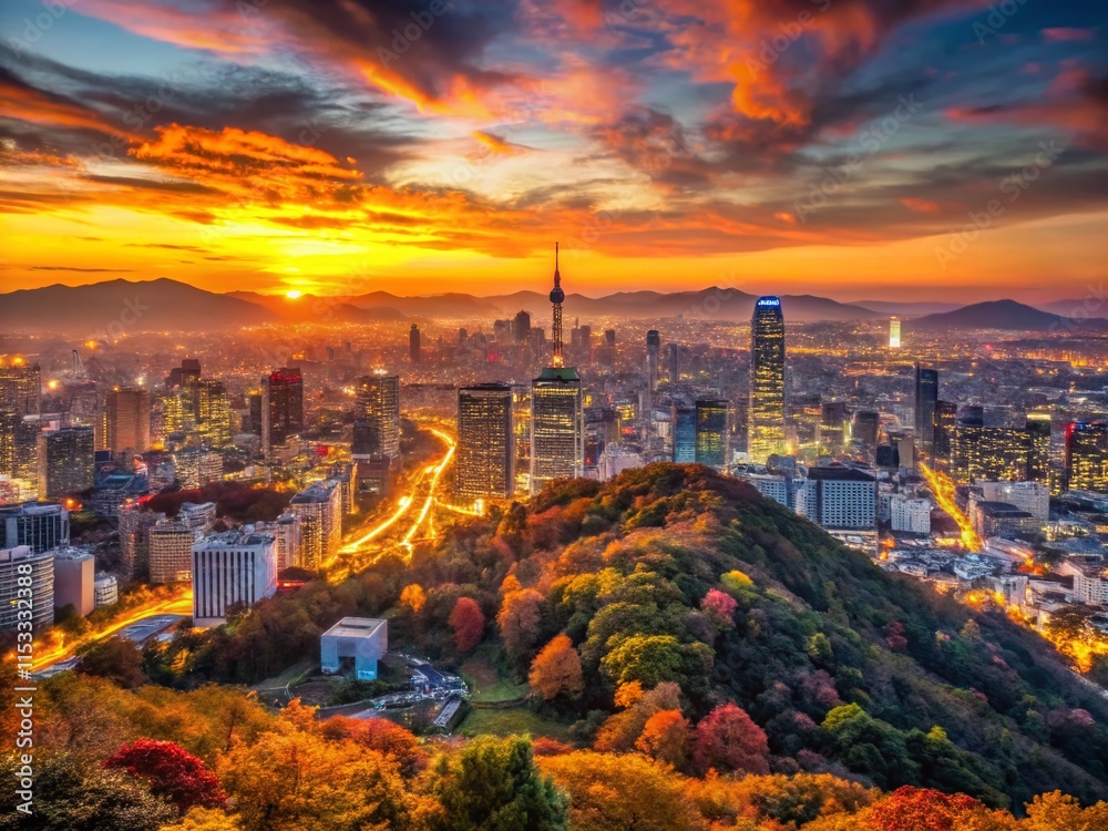 Naklejka premium Seoul Autumn Skyline Timelapse: Namsan Mountain Cityscape View