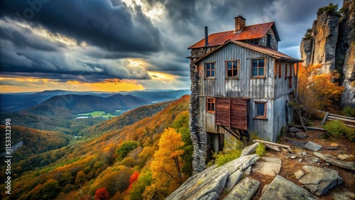 Seneca Rocks West Virginia Urban Exploration: Abandoned Building Overlooking Dramatic Cliffside photo