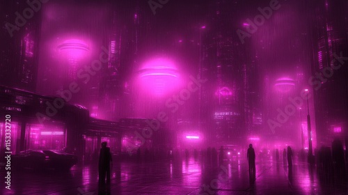 Pink futuristic city at night with rain and people.