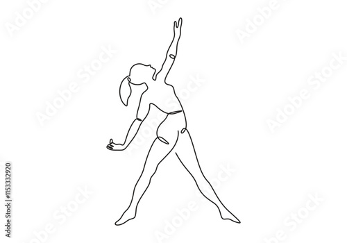 Girl doing yoga stretching fitness in pose one line drawing. Isolated on white background for posters, wallpapers, banners. Vector illustration