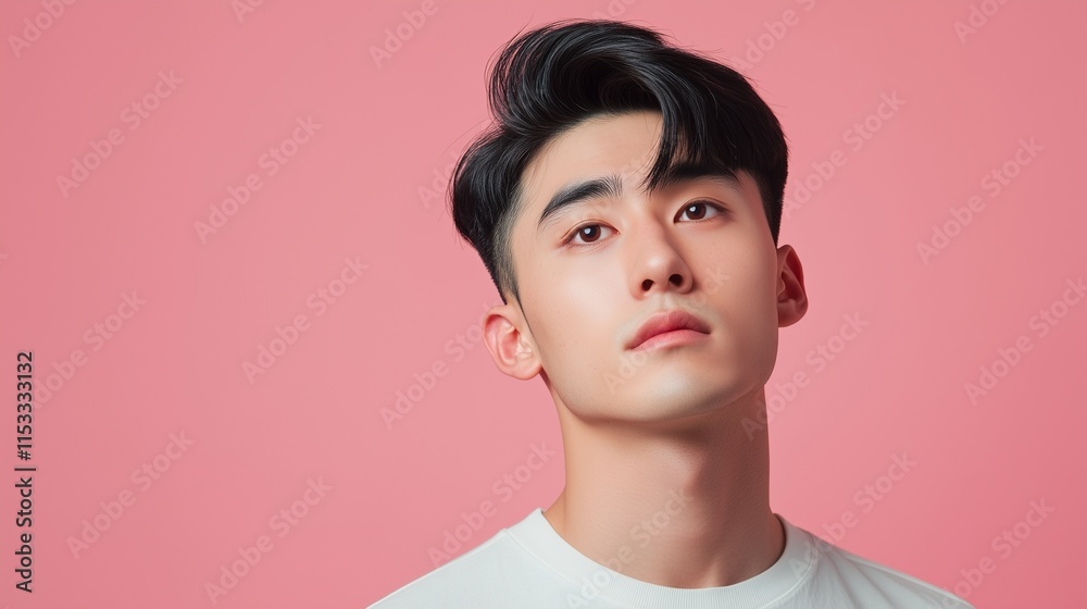 Pensive young man in white t-shirt on pink background Pensive young man in white t-shirt on pink background
