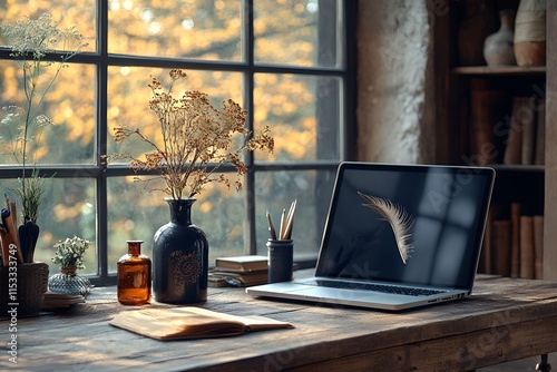 A rustic desk with a laptop, dried flowers in vases, and warm sunlight streaming through a window photo