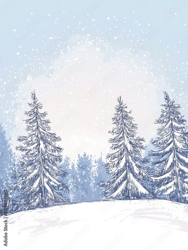 Naklejka premium Winter landscape with snowy trees and gentle snowfall in a serene atmosphere during a chilly afternoon. Generative AI