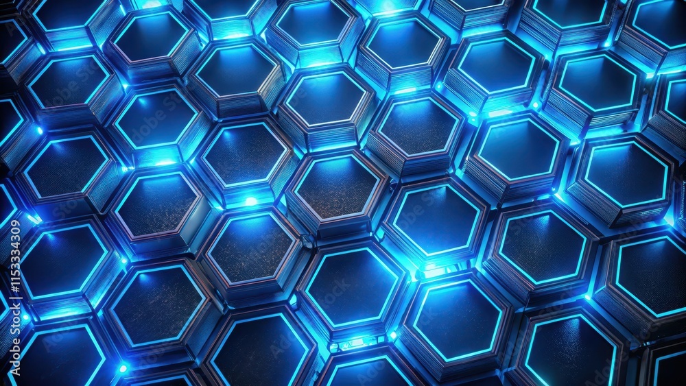 Hexagonal grid of glowing blue circuitry with neon lights and metallic accents against a dark background, neon technology, hexagonal shapes Hexagonal grid of glowing blue circuitry with neon lights and metallic accents against a dark background, neon technology, hexagonal shapes