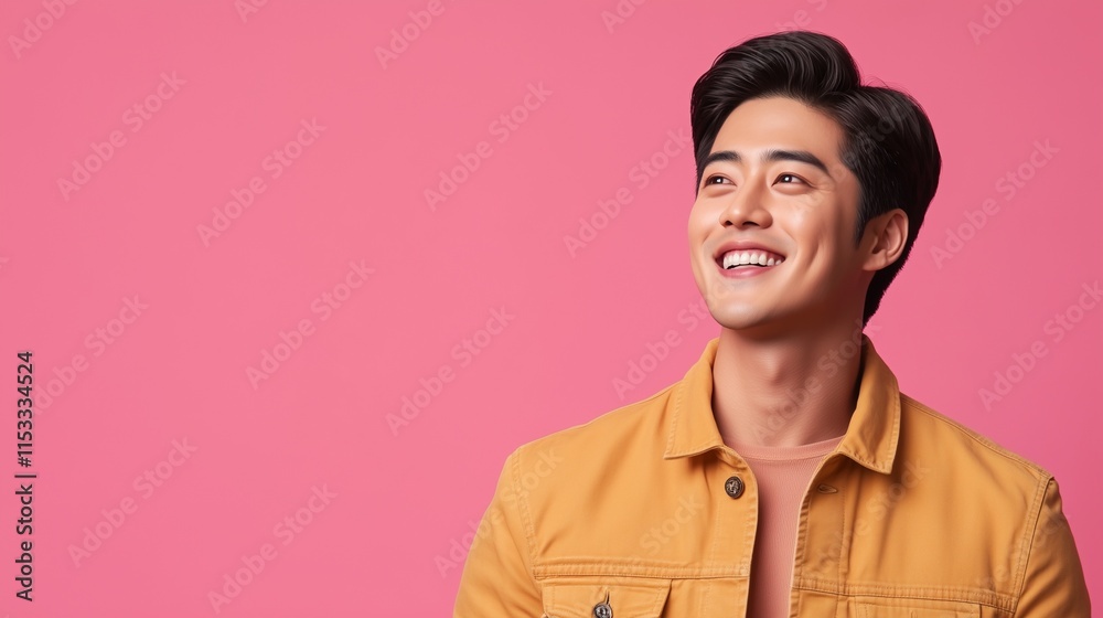 Smiling man in yellow jacket against pink background Smiling man in yellow jacket against pink background