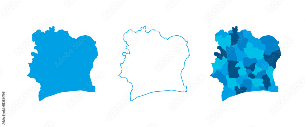 Ivory Coast set of three maps - solid map, outline map and map highlighting administrative divisions. Three distinct maps illustrate various representations of a geographical area. Ivory Coast set of three maps - solid map, outline map and map highlighting administrative divisions. Three distinct maps illustrate various representations of a geographical area.