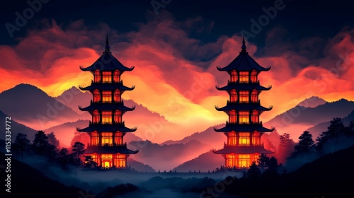 Serene Asian Pagoda Sunset  Misty Mountains  Tranquil Landscape  Digital Art