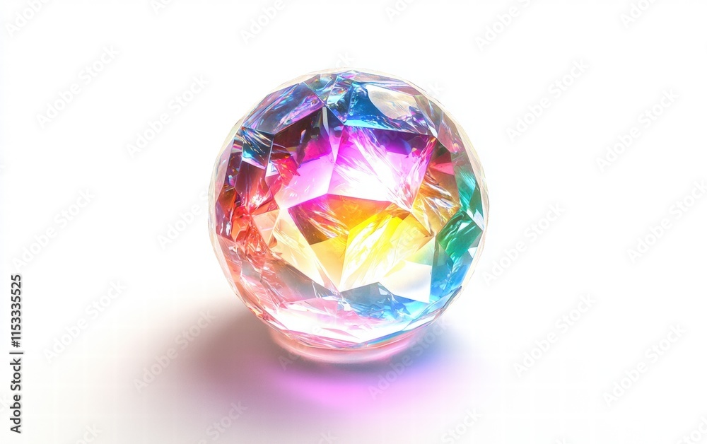 A glowing crystal orb with intricate rainbow light refractions, placed on a clean white background A glowing crystal orb with intricate rainbow light refractions, placed on a clean white background