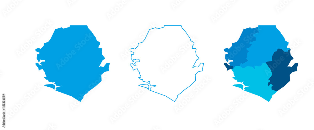 Obraz premium Sierra Leone set of three maps - solid map, outline map and map highlighting administrative divisions. Three distinct maps illustrate various representations of a geographical area.
