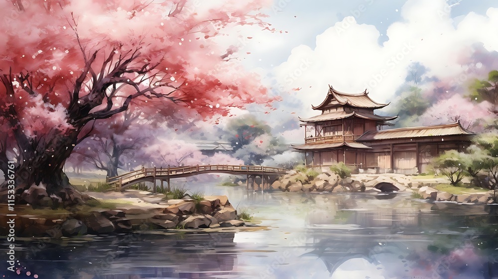 Obraz premium Serene Asian temple by a river, surrounded by blossoming cherry trees and a wooden bridge.