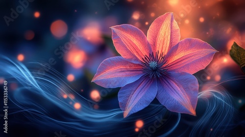 Dreamy purple clematis flower with glowing bokeh and smoke.