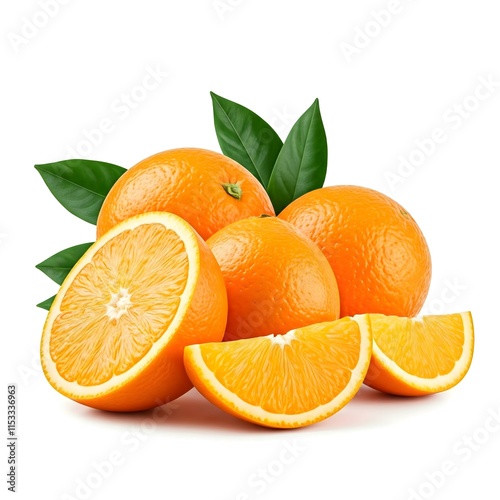Organic Oranges with Green Leaves, Citrus Fruits: Fresh Oranges Isolated