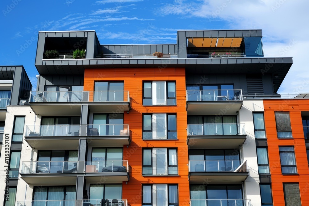 Obraz premium Orange and white apartment building with balconies under blue sky showing modern residential architecture