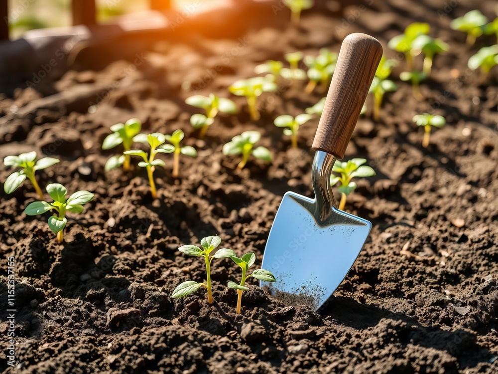 Gardener planting seedlings in sunny vegetable garden, small trowel in soil, gardening, agriculture Gardener planting seedlings in sunny vegetable garden, small trowel in soil, gardening, agriculture