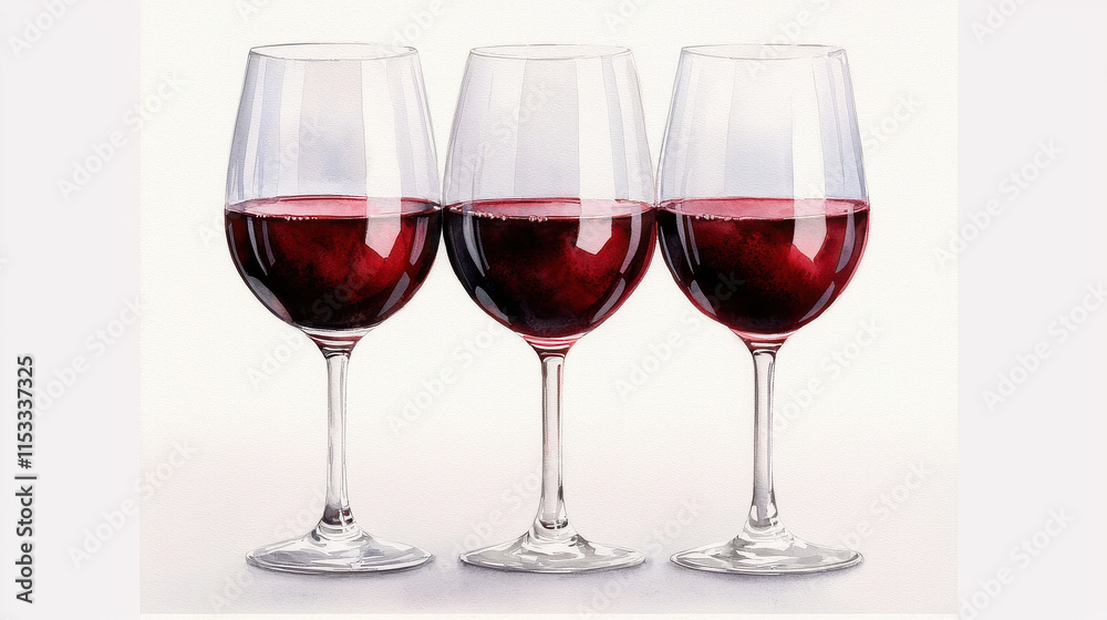 Three elegant wine glasses filled with red wine isolated design on white background Three elegant wine glasses filled with red wine isolated design on white background