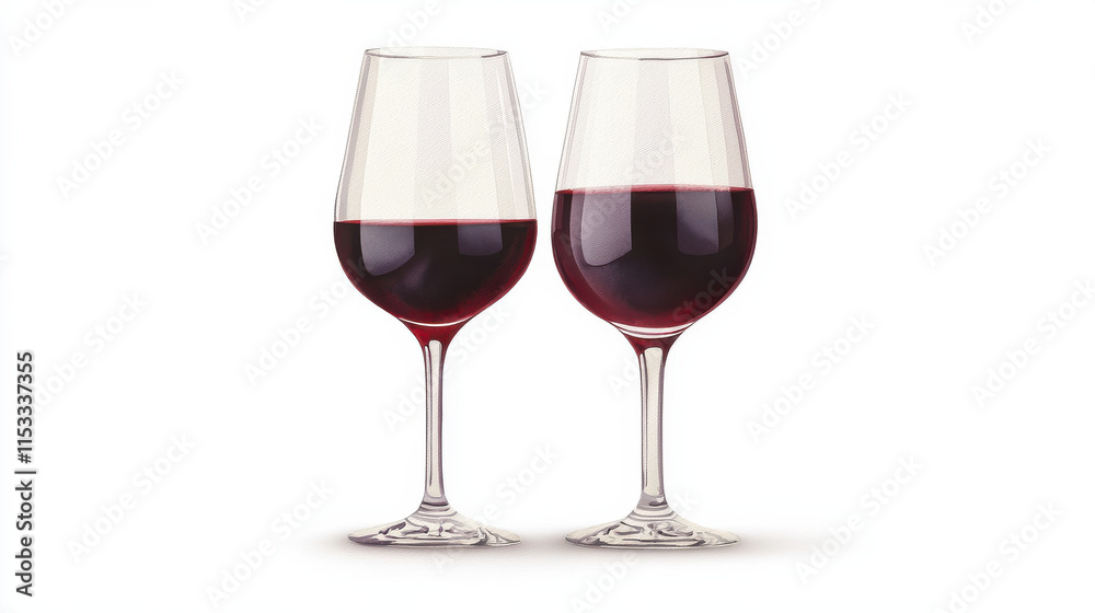 Two elegant wine glasses filled with red wine on white background isolated design on white background Two elegant wine glasses filled with red wine on white background isolated design on white background