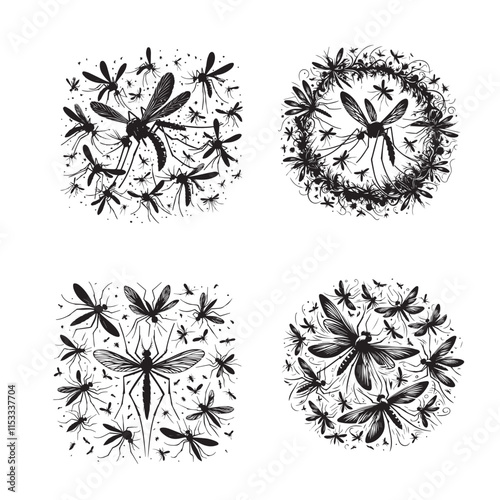  "Silhouette of Flying Mosquitoes" "Minimalist Silhouette of Mosquitoes in Flight" "Black and White Silhouette of Flying Mosquitoes"