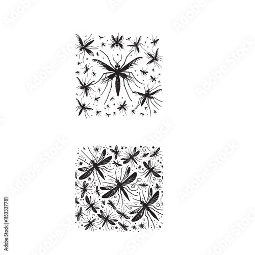  "Silhouette of Flying Mosquitoes" "Minimalist Silhouette of Mosquitoes in Flight" "Black and White Silhouette of Flying Mosquitoes"