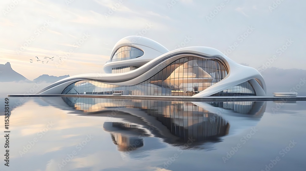 Futuristic white building on calm water with mountain backdrop. Futuristic white building on calm water with mountain backdrop.