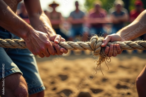 Rope being pulled apart with intense force in a tug of war contest on Independence Day, competition, force
