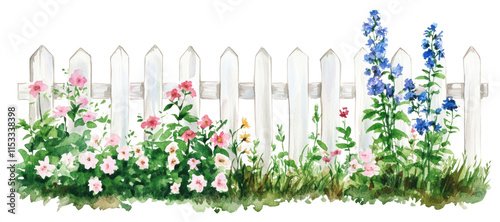 PNG  White wooden garden fence with flowers bushes illustration watercolor nature.