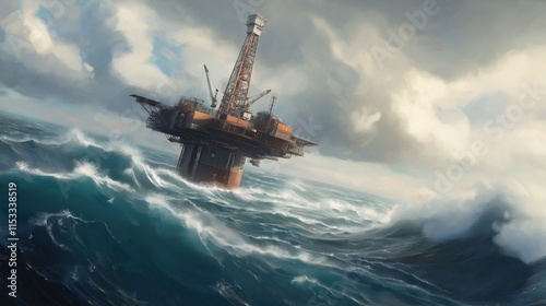 Oil drilling platform standing tall in the vast ocean, symbolizing human innovation and the quest for energy amidst nature's vastness.