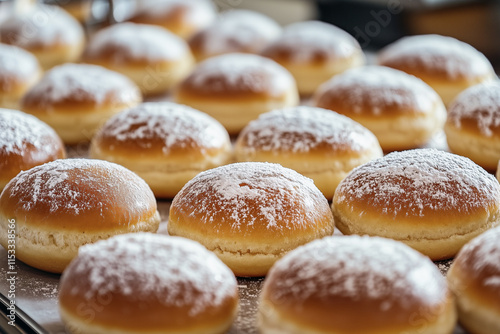 Traditional Krapfen, Berliner, Paczki, and Sufganiyah in a Modern Bakery Factory – Festive Pastries for Carnival, Fasching, and Shrove Tuesday Celebrations
