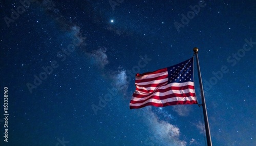 Starry night sky with American flag waving gently in breeze, party, streamers