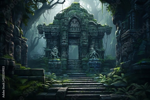 Ancient stone temple entrance overgrown with lush jungle vegetation, mysterious and atmospheric.