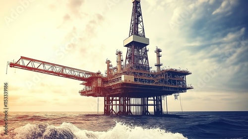 Oil drilling platform standing tall in the vast ocean, symbolizing human innovation and the quest for energy amidst nature's vastness.