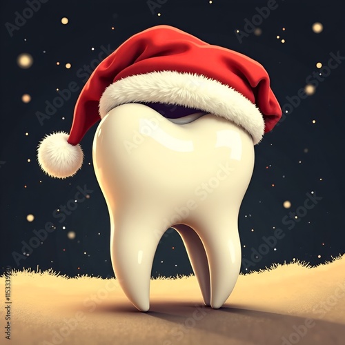 Holiday poster for Dental Clinic with tooth in santa hat. Realistic tooth in santa claus hat on Minimal festive background. Christmas dentist greeting card cover template. Business brochure theme photo