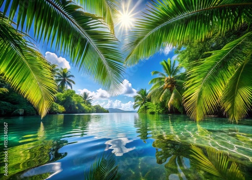 Serene Tropical Lagoon: Crystal Clear Water, Lush Palm Leaves, Tranquil Paradise