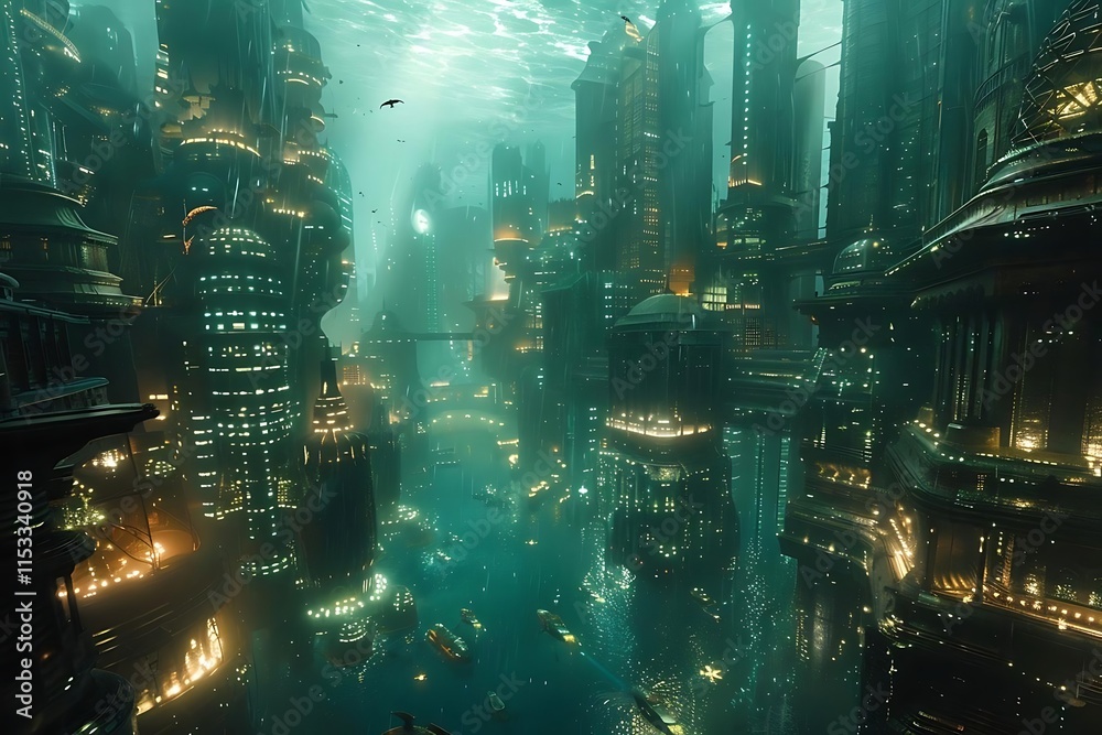 Underwater futuristic city with glowing buildings, canals, and boats.